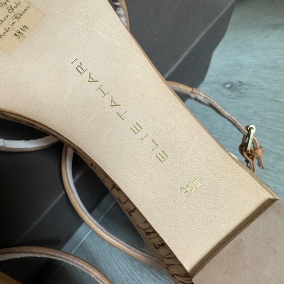 $268 ELIE TAHARI HEATHER Cognac Leather Designer Cork Low Wedge Sandals 8 / 38.5 - Picture 6 of 9